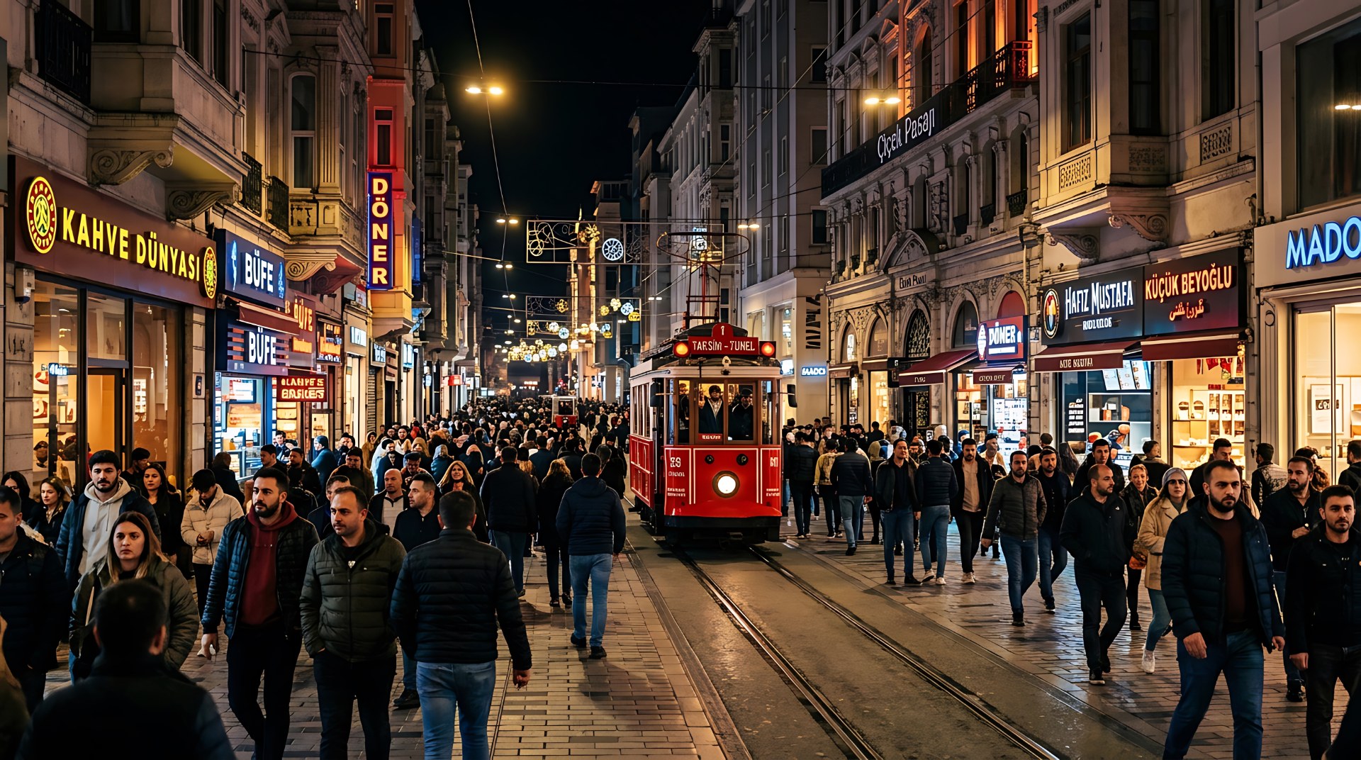 Tłum ludzi na alei Istiklal w Stambule wieczorem i czerwony zabytkowy tramwaj